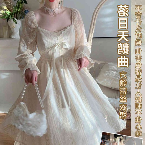 

casual dresses fashion sunset swan song girl french court style square neck gentle bow high waist chiffon dress woman ajmc, Black;gray