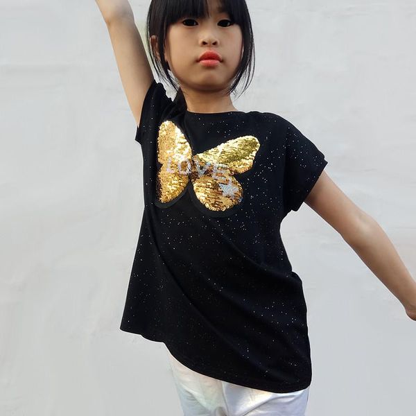 T-Shirts Yaz Kız Sequin T-Shirt Çocuk Pamuk Üst Sequins Butterfly Paris Girls T Sıradan Büyük Dönüşüm Tshirtt-Shirt