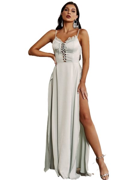 

lace-up front lace detail slit thigh formal dress y8yt#, Black;gray