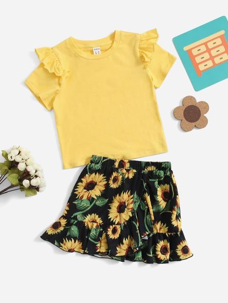 

toddler girls ruffle armhole & sunflower print skirt set she, White