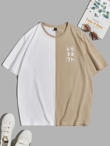 

men color block japanese slogan graphic tee 91vc#, White;black