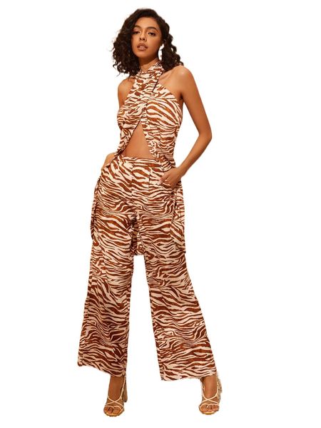 

zebra striped slant pockets wide leg pants p98k#, Black;white