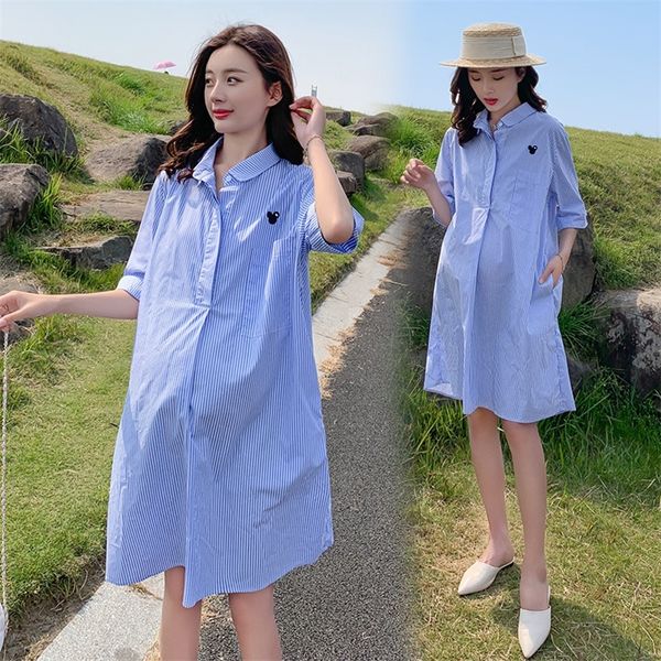 

maternity dresses cotton summer clothes for pregnant women casual turn collar striped pregnancy vestidos 220607, White