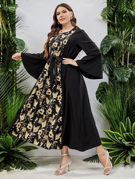 

plus floral print flounce sleeve knot front dress c1qg#, Black
