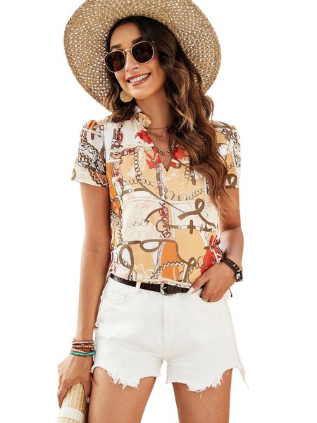 

floral & chain print puff sleeve frilled notched neck blouse f1f6#, White