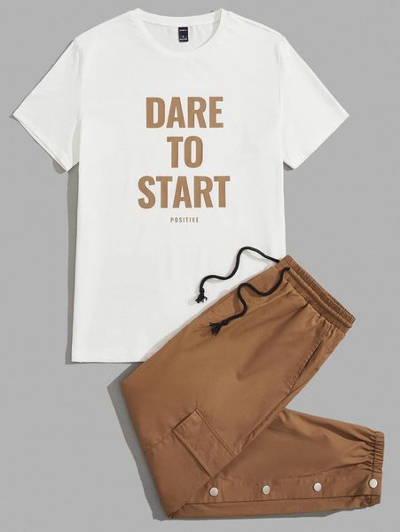

men slogan graphic tee & flap pocket drawstring pants n6ve#, Gray