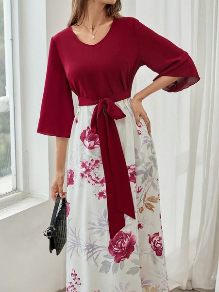 

floral print trumpet sleeve tie front dress 97qg#, Black;gray