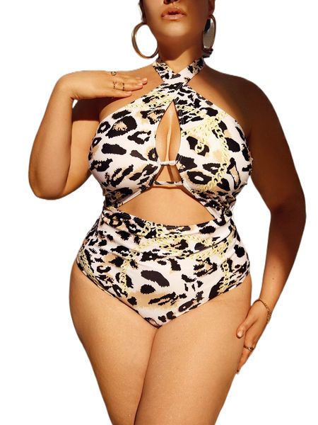 

plus leopard ruched halter one piece swimsuit 85li#, White;black
