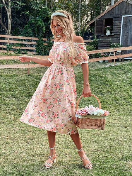 

random floral print off shoulder lace trim shirred waist dress m7fe#, Black;gray