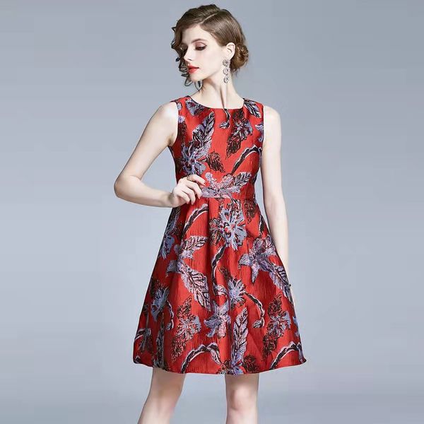 

summer new dress vintage jacquard round neck sleeveless vest skirt, Black;gray
