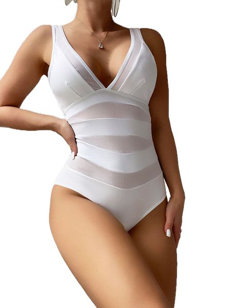 

plain contrast mesh one piece swimsuit n6rg#, White;black