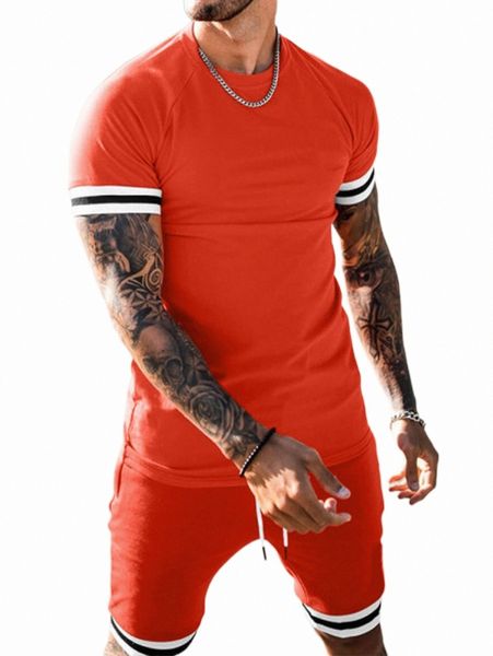 

men striped trim tee & drawstring waist shorts c6rq#, Gray