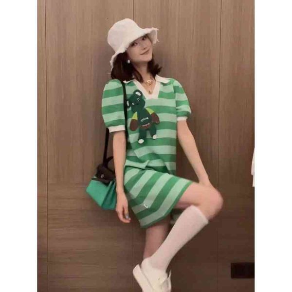 

women's t-shirt chaopai spring and summer fashion green stripe bubble sleeve bear v-neck short medium long t-shirt dress women 8r1x v4f, White