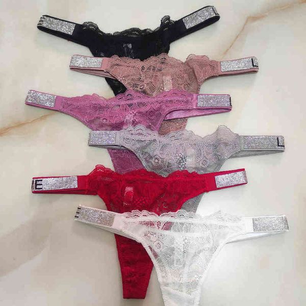 

romantic lace rhinestone underwear women panties string transparent thong seamless briefs female lingerie w220324, Red;black