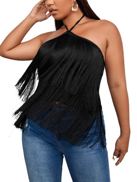 

plus fringe trim tie backless halter a6op#, Black
