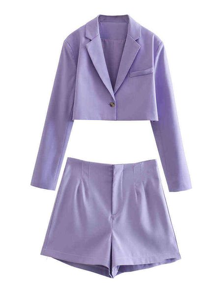 

women fashion short suit two piece ladies chic purple single button long sleeve blazer and casual high waist shorts l220714, White
