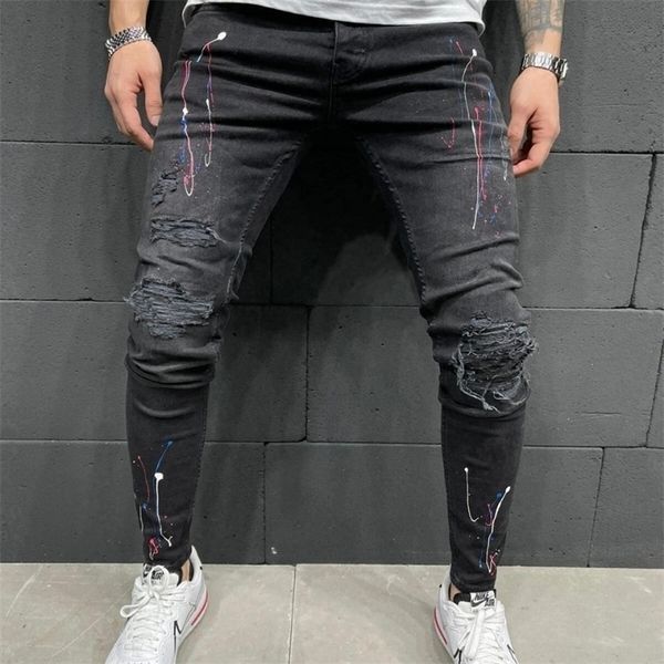 

long pencil pants ripped jeans slim spring hole men fashion thin skinny male hip-hop trousers clothes clothing 220328, Blue