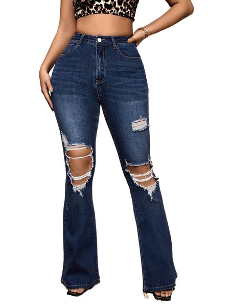 

sxy high waist ripped bootcut jeans h2kb#, Blue