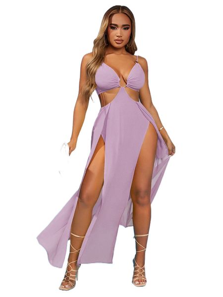 

sxy ruched bust ring cut out split thigh cami dress f2f2#, Black;gray