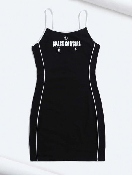 

x chromoeye contrast binding slogan graphic dress c5m6#, Black;gray