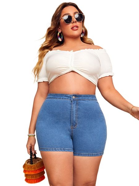 

plus high waist pocket back denim shorts 17qy#, White;black