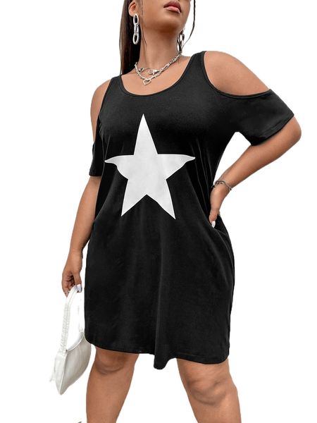 

plus star print cold shoulder dress 211w#, Black