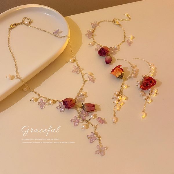 

korean fashion flower pearl bracelet necklace and earrings suite super fairy rose gentle elegant clavicle chain earrings for women, Golden