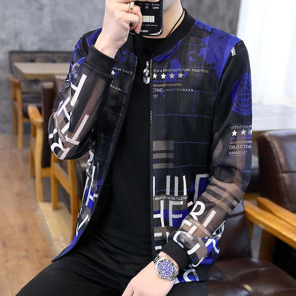 

pierced transparent bomber jacket men sun protection clothing windbreaker summer thin men plaid jackets slim fit mens coats, Black;brown