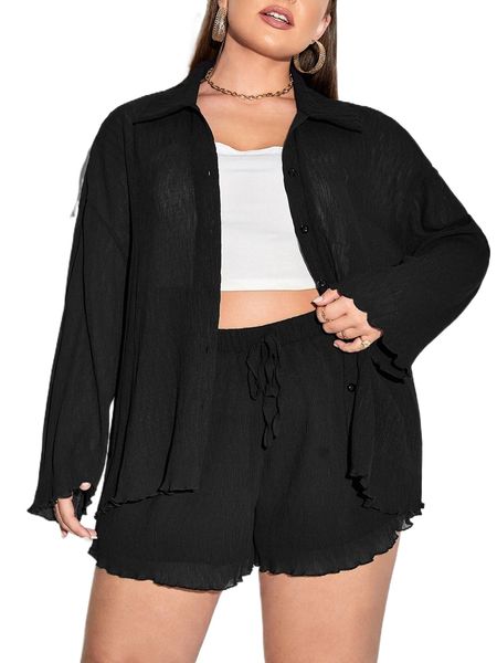 

plus lettuce trim drop shoulder shirt & knot front shorts m2oj#, Black