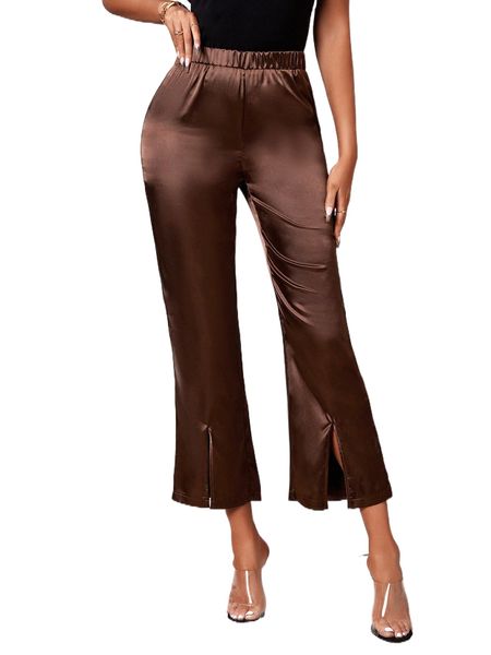 

high waist split hem satin flare leg pants w4hj#, Black;white