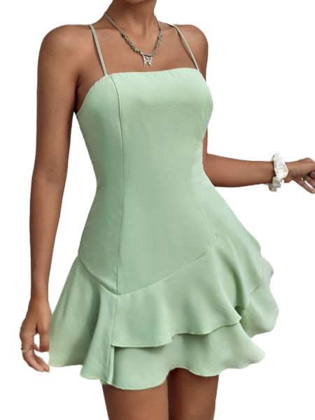 

crisscross tie back layered hem cami dress s6cf#, Black;gray