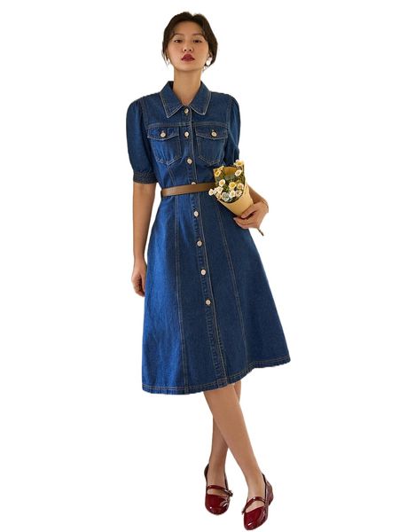 

dazy flap pocket puff sleeve denim dress without belt u3ui#, Black;gray