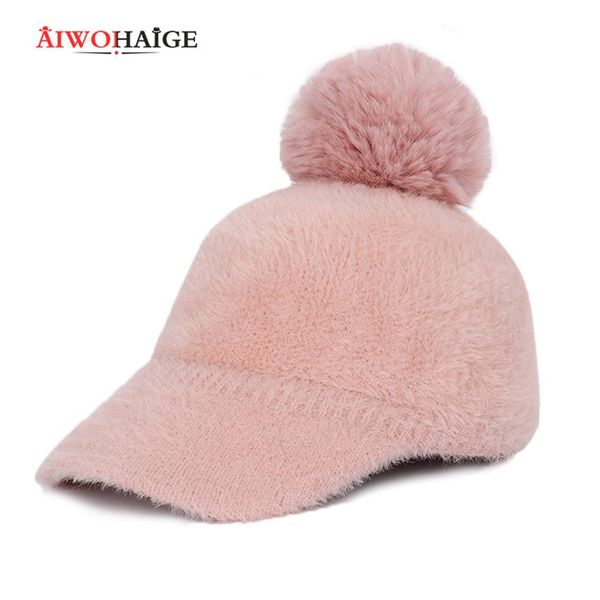 

2020 new fashion lady mohair winter hat women pompom casual knit beanie warm berets women's baseball cap wool visor bonnet so3132, Blue;gray