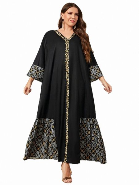 

plus floral print contrast tape ruffle hem dress x1gn#, Black