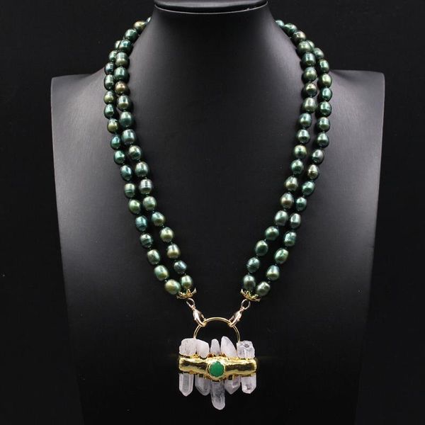 Colares pendentes Jóias guaiiguai naturais 2 linhas verdes pérolas de pérola colar quartzes claros jade