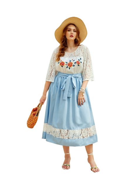 

plus floral embroidery lace sleeve & belted skirt y59k#, Black
