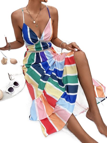 

random colorblock crisscross backless knot shirred back layered hem cami dress a8xh#, Black;gray