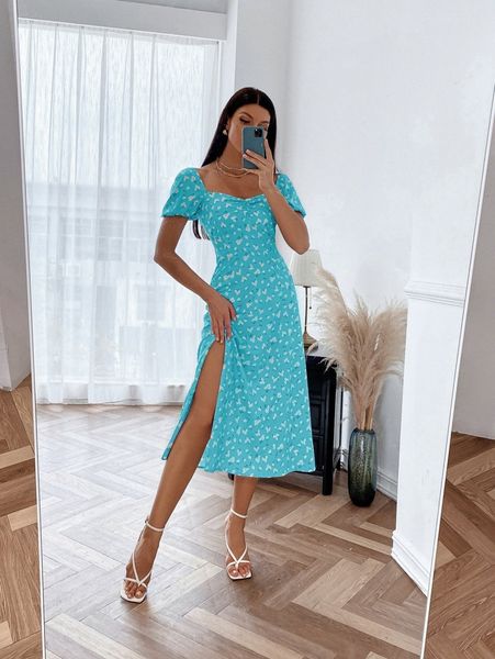 

ditsy floral sweetheart neck split thigh dress w4sg#, Black;gray