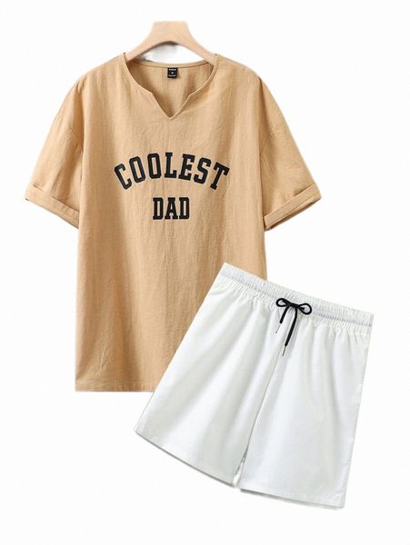 

men letter graphic notched neck & drawstring waist shorts 19xj#, Gray