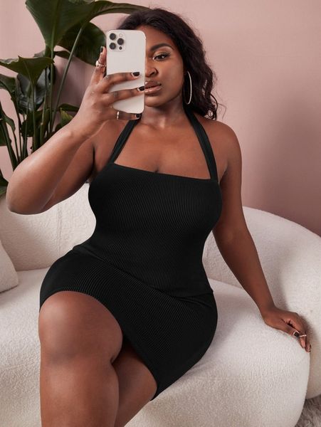 

sxy plus halter neck backless rib-knit bodycon dress q5ou#, Black