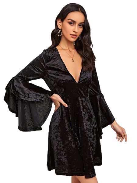 

flounce sleeve velvet dress r7oe#, Black;gray