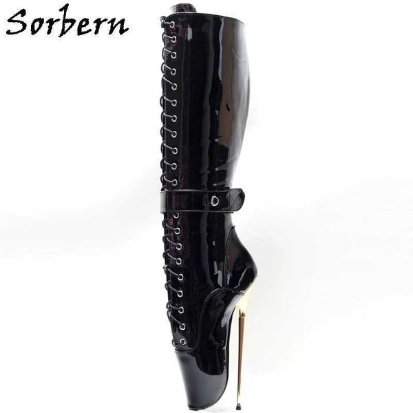 Sorbern Schwarze kniehohe Lackstiefel, Ballett-Metall-High-Heel, Schnürung, abschließbare Riemen, Stilettos, individueller, breiter, schlanker Wadenstiefel