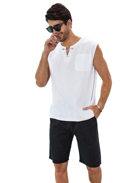 

men grommet lace up patched pocket tank & shorts c6fx#, Gray