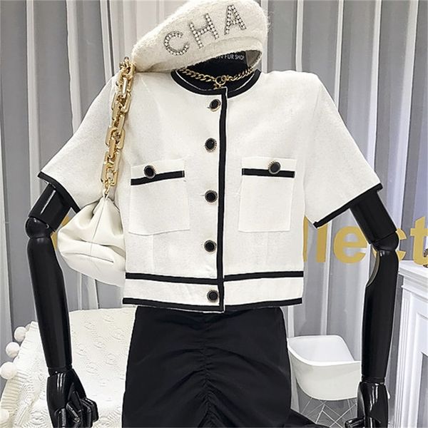 

2020 summer short sleeve o neck single breasted women jacket coat feminino korean chic slim short casual ladies outerwear lj200813, Black;brown