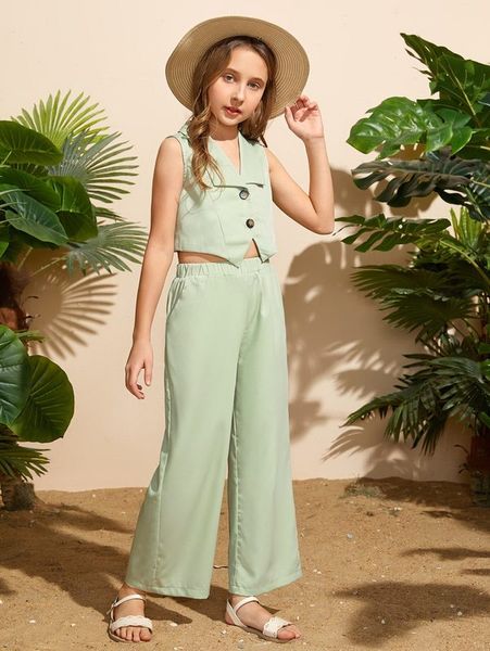 

girls button front blouse and wide leg pants set she, White