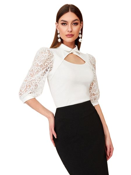 

solid contrast lace sleeve cutout u3kr#, White