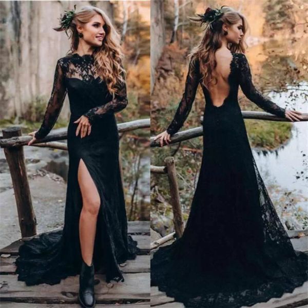 Laço preto vestidos de casamento vestido de noiva sem costas mangas compridas uma linha varredura trem decote recortado fenda lateral país praia feito sob encomenda vestido de novia