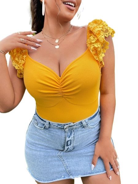 

plus contrast lace flutter sleeve sweetheart neck ruched tee s361#, Black