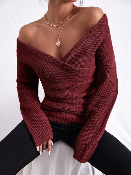 

ruched drop shoulder overlap collar sweater 404u#, White;black