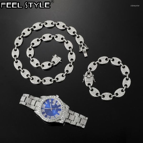 Catene Hip Hop 13 MM 3 PZ KIT Orologio Collana Bracciale Chicco di caffè Bling Crystal Iced Out Per donna Uomo Gioielli GiftChainsChainsChains Sidn22